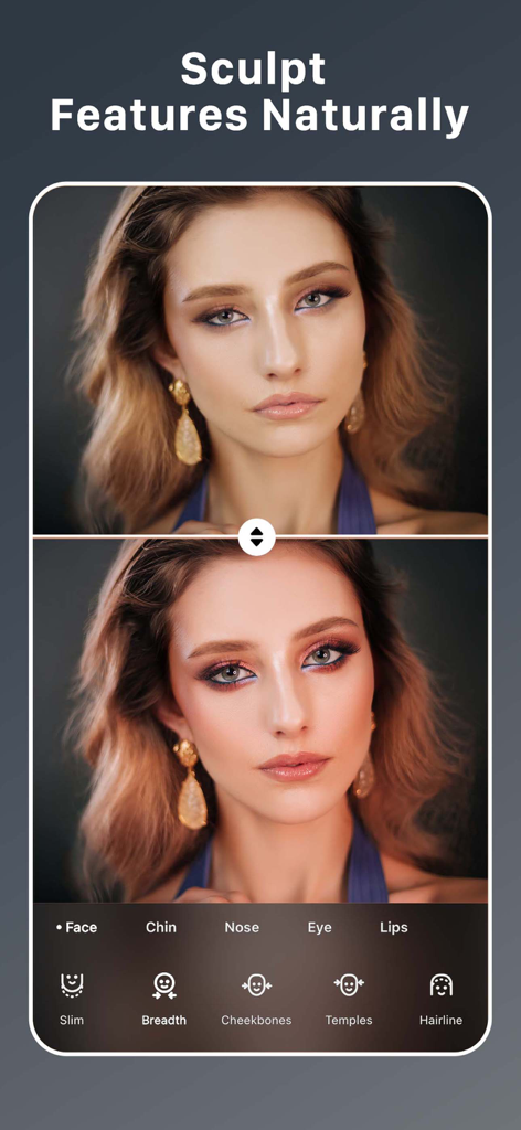Everlook- Face & Body Editor - Interface de l'application Everlook pour la sculpture et la retouche naturelle du visage