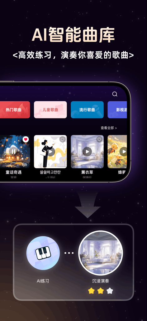 Ein Smartphone-Bildschirm, der eine KI-Musikbibliothek zum Klavierüben mit verschiedenen Songkategorien anzeigt.