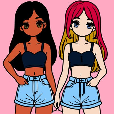 two sisters with crop tops and jean shorts and straight hair