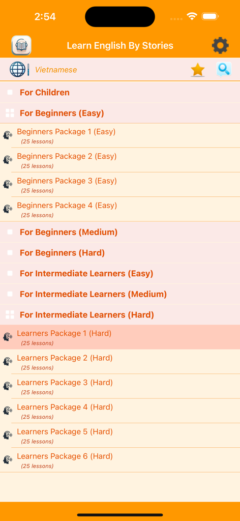 Learn English By Stories + - A screenshot of the Learn English By Stories app showing lesson packages categorized for children, beginners, and intermediate learners.