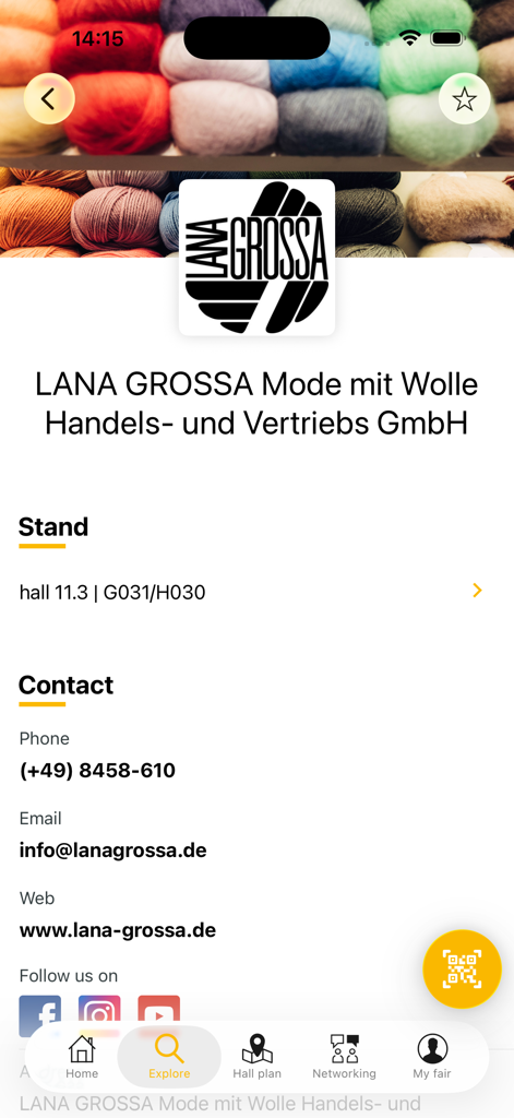 h+h cologne - Perfil detalhado do expositor Lana Grossa no aplicativo móvel h+h cologne, mostrando localização do estande e detalhes de contato