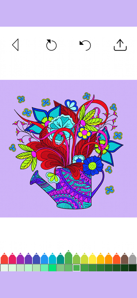 Digital adult coloring book interface showing a vibrant floral arrangement in a watering can with a color palette