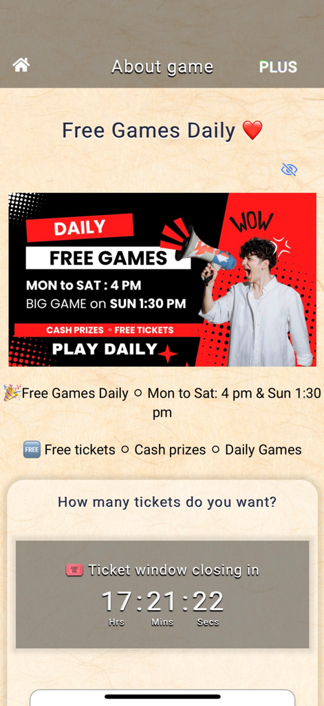 Party Tambola Daily Live Games - Party Tambola app screen showing daily free live games schedule and ticket booking window