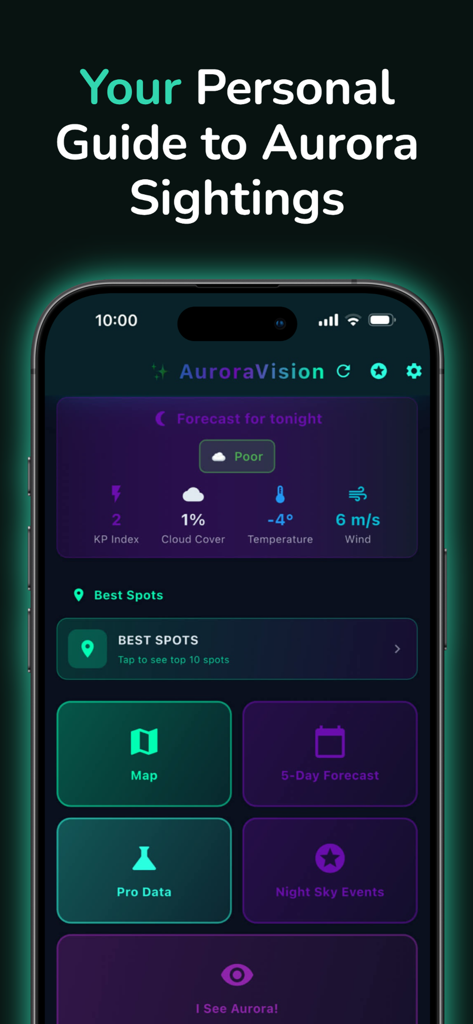 Aurora Vision - Painel do aplicativo móvel Aurora Vision mostrando a previsão da aurora boreal e dados de visibilidade