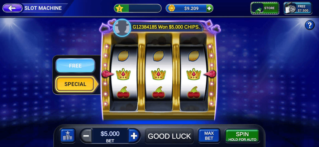 플링코 온라인 모바일 앱의 클래식 3릴 슬롯 머신 인터페이스로, 왕관 기호와 가상 베팅 컨트롤이 특징입니다.