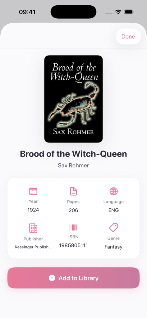 Read Book Realm - Screenshot of the Read Book Realm app showing detailed book metadata including ISBN pages and genre for a fantasy novel.