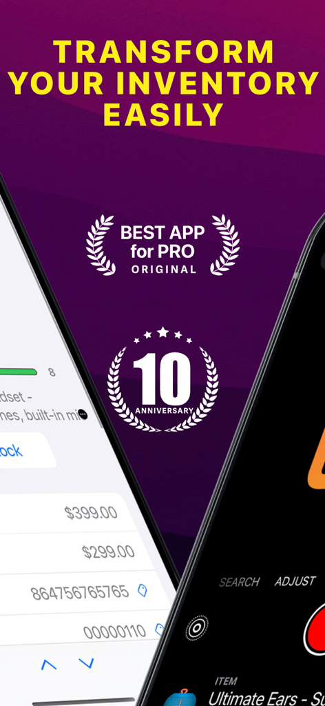 Marketing screen for Inventory Control with Scanner app showing 10th anniversary badge and professional features