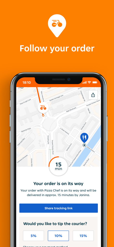 Pyszne.pl - Mobiler Bildschirm der Pyszne.pl App, der die Echtzeit-Food-Tracker-Karte mit Lieferstatus und Optionen für Trinkgeld für den Kurier anzeigt