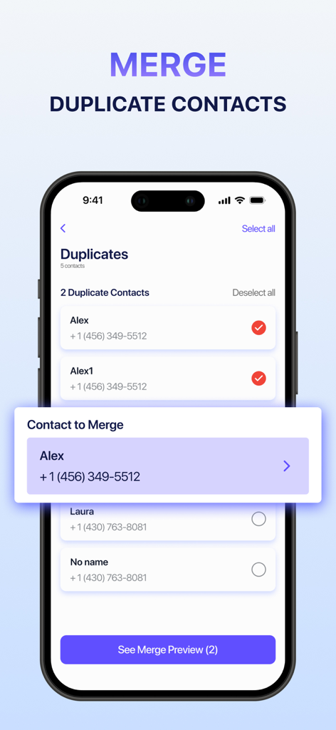 Interface of the Clean Up app showing how to find and merge duplicate contacts on an iPhone