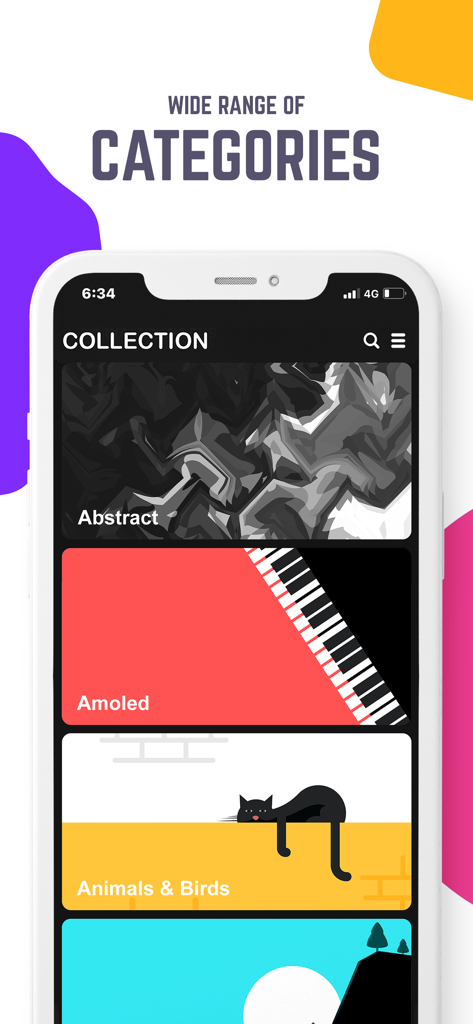 MiniWall Wallpapers - MiniWall Wallpapers app showing category collections on an iPhone