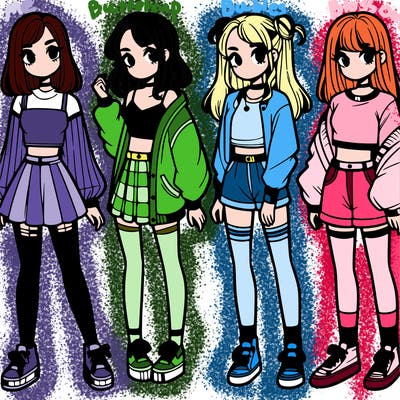 one girl with crop-top shirt and a jacket with a skirt, long socks and another girl with a shirt and pants with a jacket