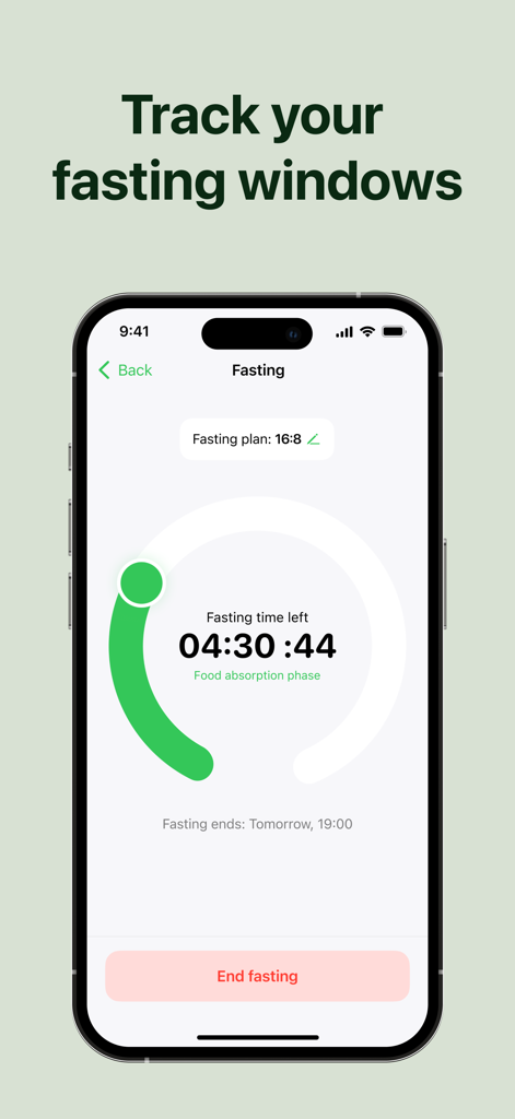 16:8・Intermittent fasting app - 間欠性断食アプリに16 8 プランタイマーとプログレスバーが表示されている