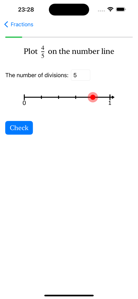 Fraction Steps: Learn Visually - Interactive exercise plotting four fifths on a number line in the Fraction Steps app