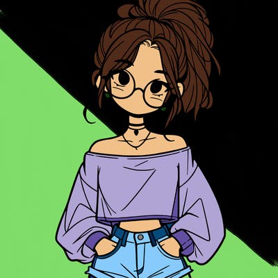 girl with a messy ponytail glasses a baggy crop top and jean shorts