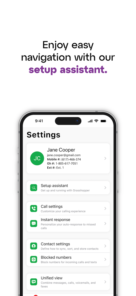 Grasshopper mobile app settings screen showing setup assistant and business phone management options