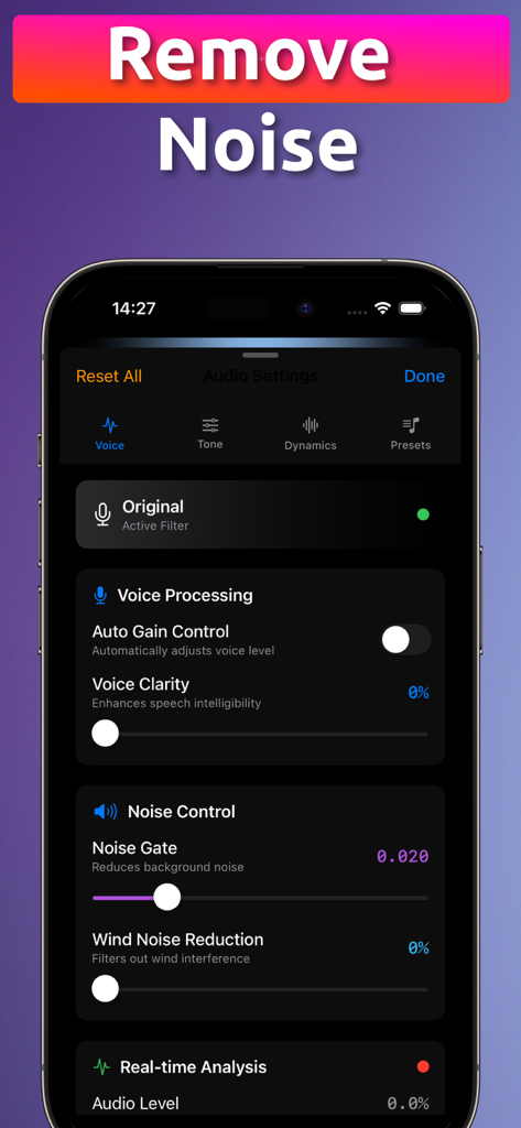 Microphone app Bluetooth Live - Interface of MicBT app highlighting noise reduction and voice processing settings