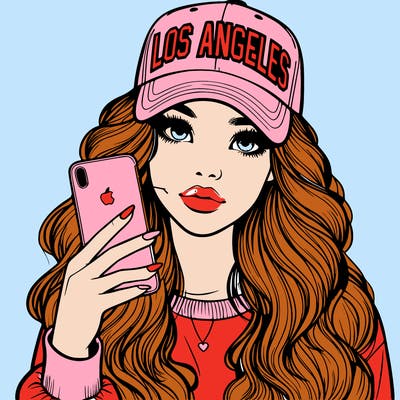 realistic beautiful girl wearing los ángeles cap holding an iphone