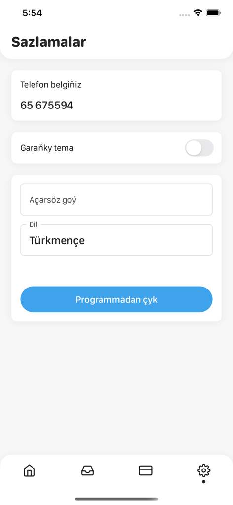 TMCELL Töleg - Settings interface of the TMCELL Töleg app showing phone number, dark theme toggle, language selection, and logout button.