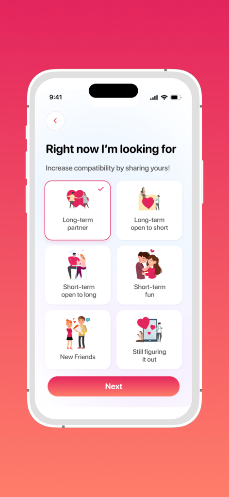 A mobile screen from Singles Connect app showing dating intention options like long term partner short term fun and new friends