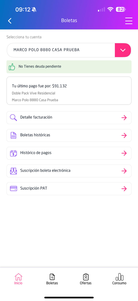 Captura de pantalla de la aplicación móvil de la sección de facturación de VTR que muestra un saldo pagado y opciones para el historial de pagos.