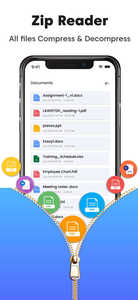 iZip Unzip Unrar Tool app interface showing a list of documents and a zipper opening to reveal various file types for compression and decompression