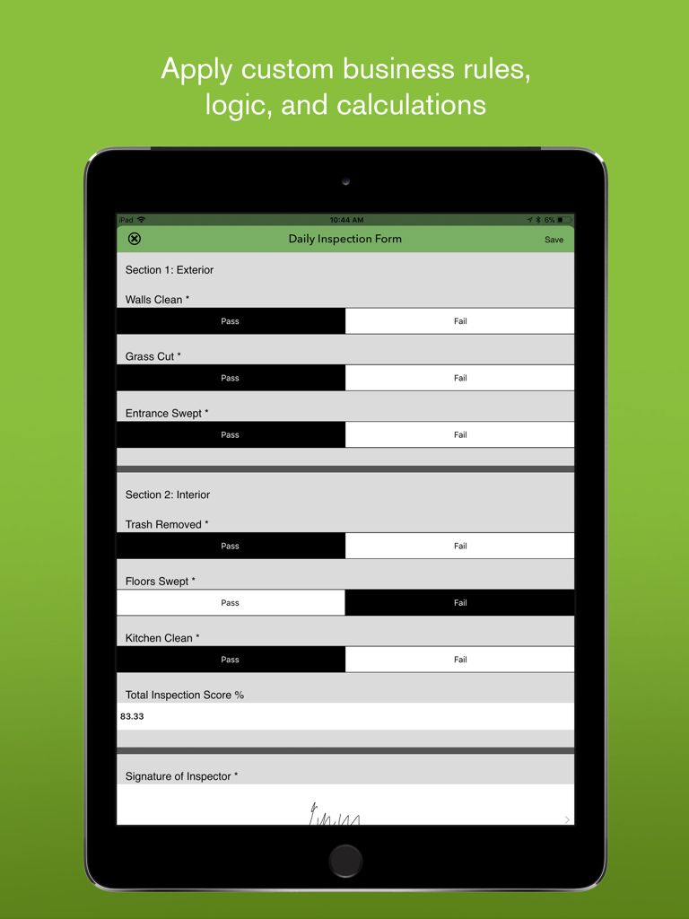 Tägliches Inspektionsformular auf einem iPad mit iForm Kiosk zeigt Optionen für Erfolg/Misserfolg und die Berechnung des Inspektionsergebnisses