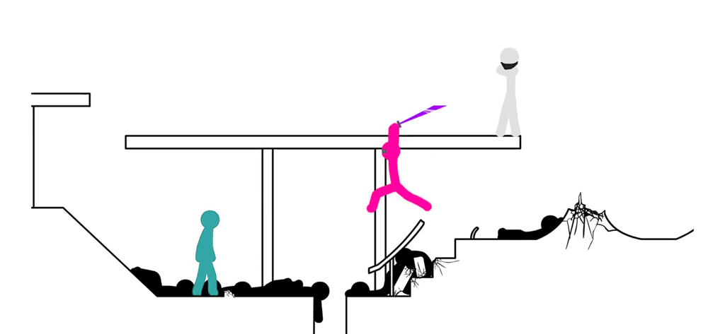 Personnage de stickman sautant avec une épée violette dans une bataille de rue