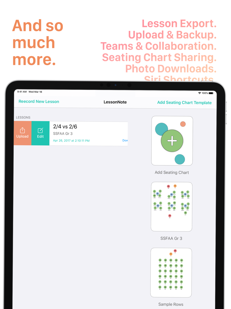 Interfaccia dell'app LessonNote per iPad che visualizza le lezioni di osservazione della classe e i modelli di planimetria.