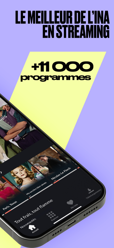 INA madelen - INA madelen mobile app interface displaying a wide catalog of over 11,000 French streaming programs including cult films and series