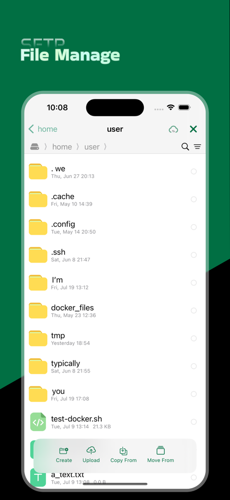SSHUI - SSH Client & Terminal - SSHUIアプリインターフェース。サーバーディレクトリとファイルのリストが表示されたSFTPファイル管理画面を表示。
