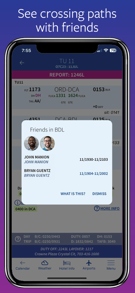 Flight Crew View app screen showing the feature to see crossing paths with friends at the same airport.
