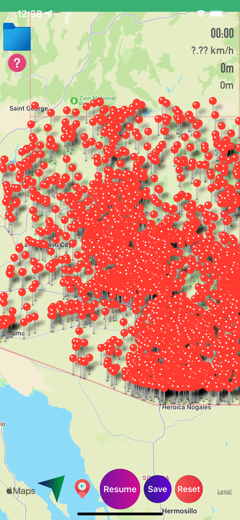 GPX Viewer-Converter-Tracking - Una interfaz de mapa en la aplicación GPX Viewer densamente cubierta con pins de waypoints rojos para navegación y seguimiento de rutas.