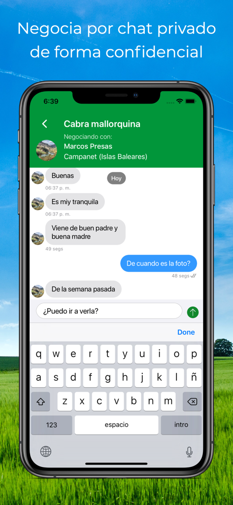 Vacapop - Compraventa ganadera - A smartphone displaying a private chat conversation for livestock negotiation on the Vacapop app.