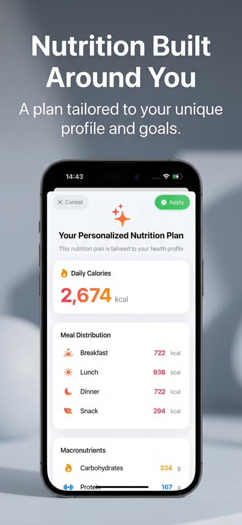 Nutrix AI: Calories Tracker - Pantalla del plan de nutrición personalizado en Nutrix AI mostrando las calorías diarias y la distribución de comidas