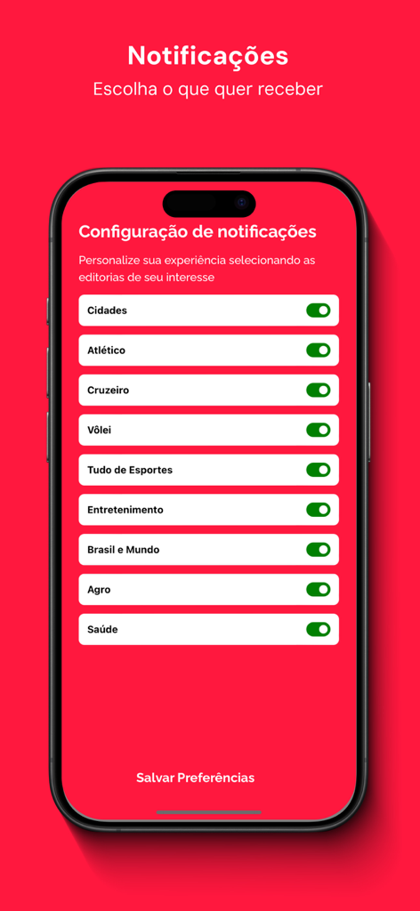 Rádio Itatiaia - Mobile screen showing notification settings for Radio Itatiaia with sports and local news categories