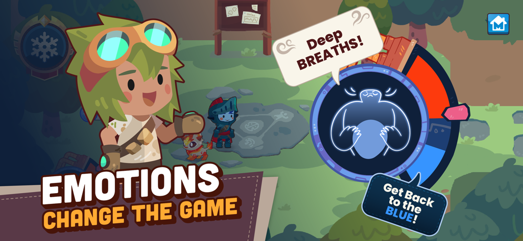 Mightier app gameplay showing a character and a biofeedback gizmo with deep breathing instructions to help kids regulate emotions