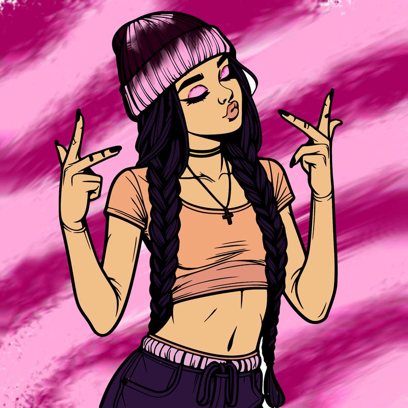 realistic teenage girl with braids and a beanie and crop top doing 🫶🏼