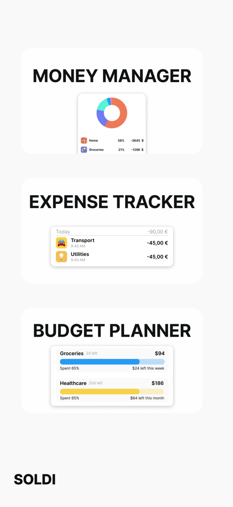 Soldi - Expense Tracker Budget - Soldiアプリの機能、マネーマネージャーのチャート、支出トラッカー、予算プランナーの進捗バー