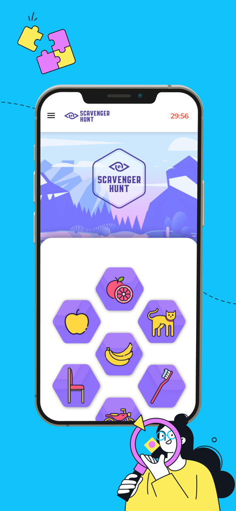 Smartphone screen showing the Loquiz scavenger hunt interface with game icons and a timer.