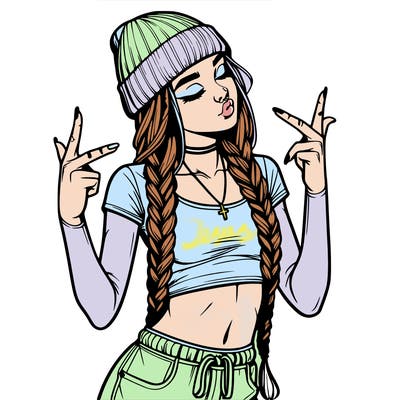 realistic teenage girl with braids and a beanie and crop top doing 🫶🏼