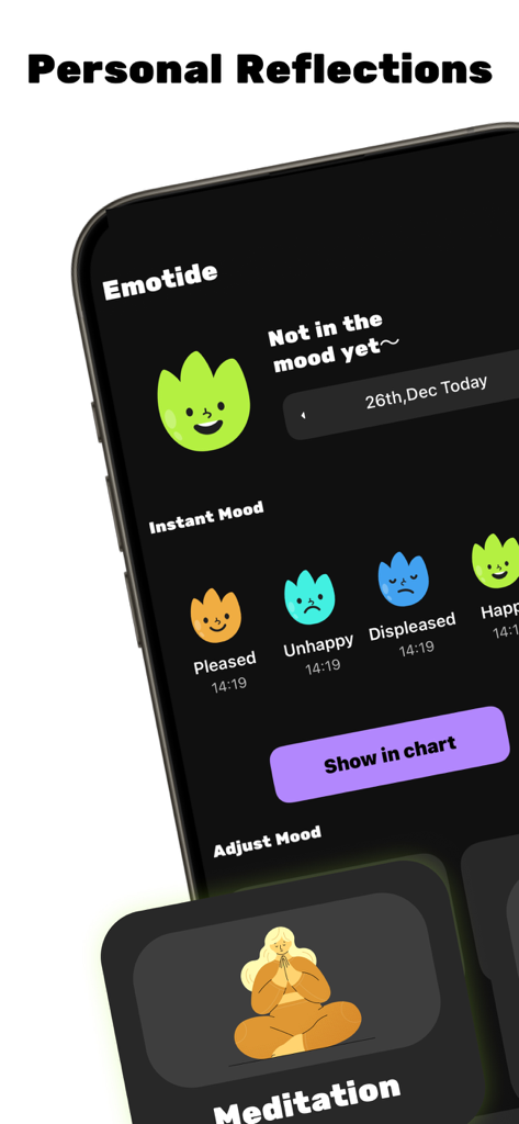 Emotide-My Emotion Recoder - Interfaz de la aplicación Emotide para rastrear el estado de ánimo con iconos expresivos y reflexiones personales