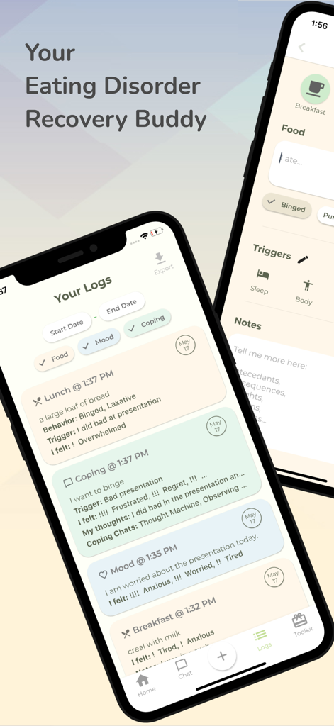 Brighter Bite - ED Recovery - Brighter Biteアプリのインターフェース。摂食障害回復のための食事、気分、コーピングのログが表示されています。