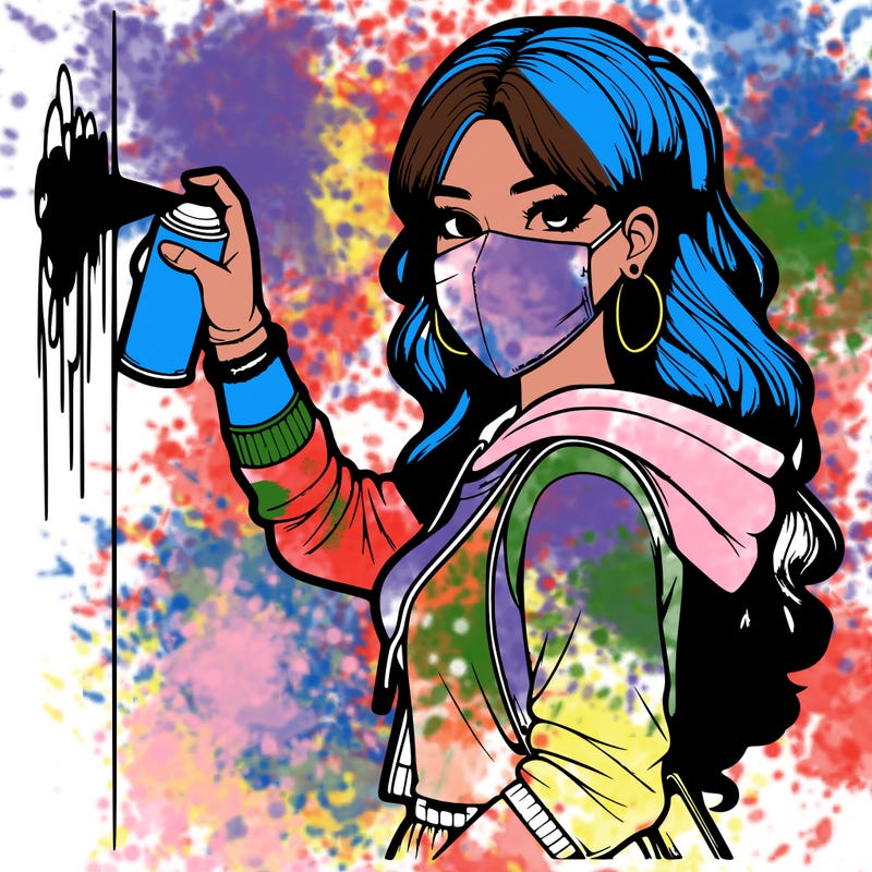 realistic girl with mask spray painting a wall