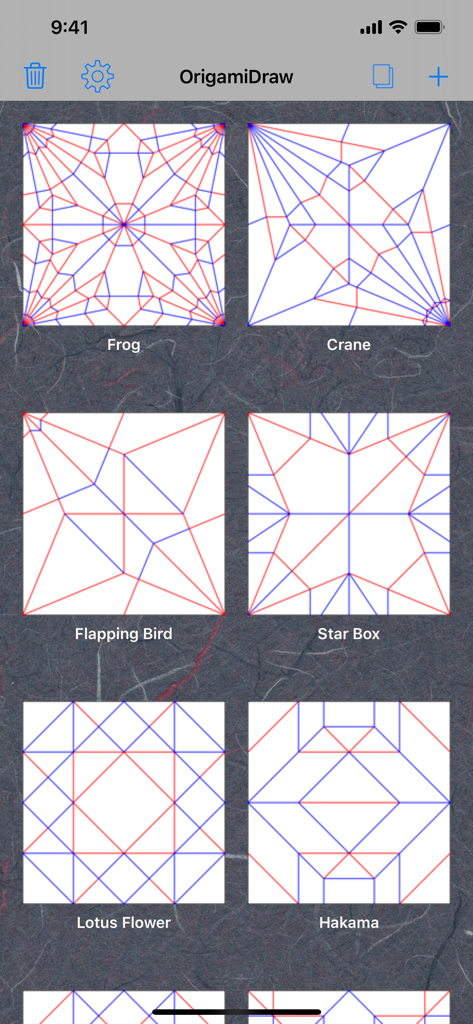 OrigamiDraw - Una galería de patrones de pliegues de origami geométricos que incluyen diseños de Rana y Grulla