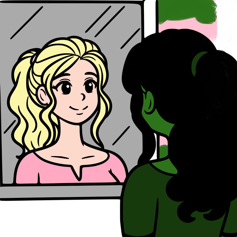 a woman looks at her reflection in the mirror