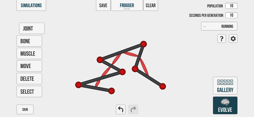 A screen from the Evolution - Learning Creatures app showing the editor where a user builds a creature with bones and muscles.