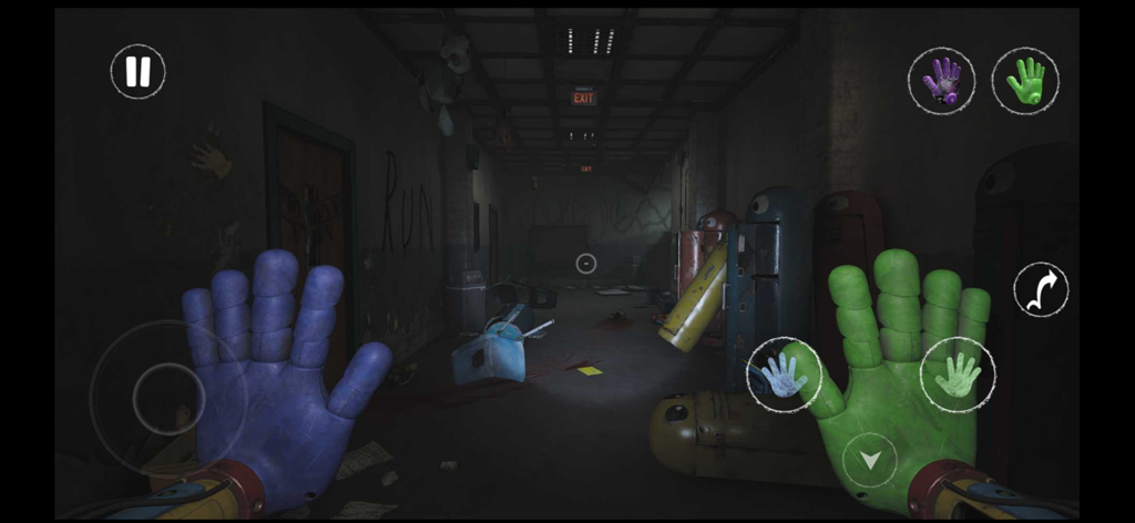 First-person gameplay of Poppy Playtime Chapter 3 showing the blue and green GrabPack hands in a dark orphanage corridor.