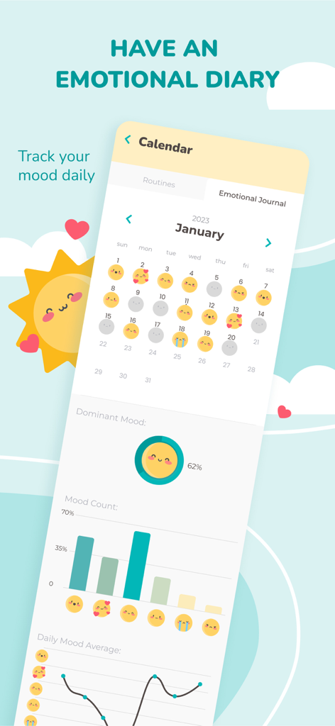 Morning Habits - Daily Routine - Captura de tela do recurso de diário emocional no aplicativo Hábitos Matinais mostrando um calendário de humor e análises mensais.