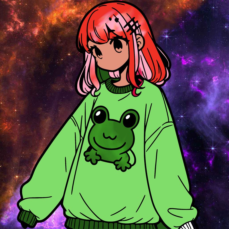 girl wearing frogging sweatshirt