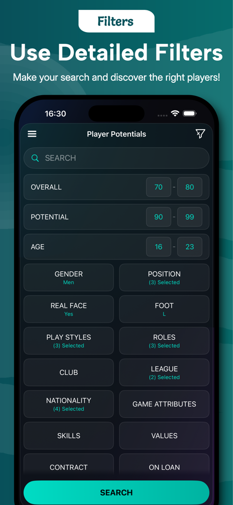 Potentials: FC26 Career Mode - Detailed search filters in the Potentials app showing options for player rating potential and age range